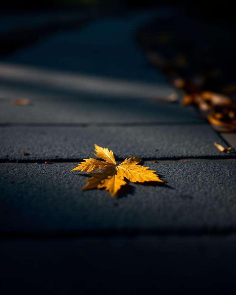 A single golden leaf resting on a stone path in soft morning light