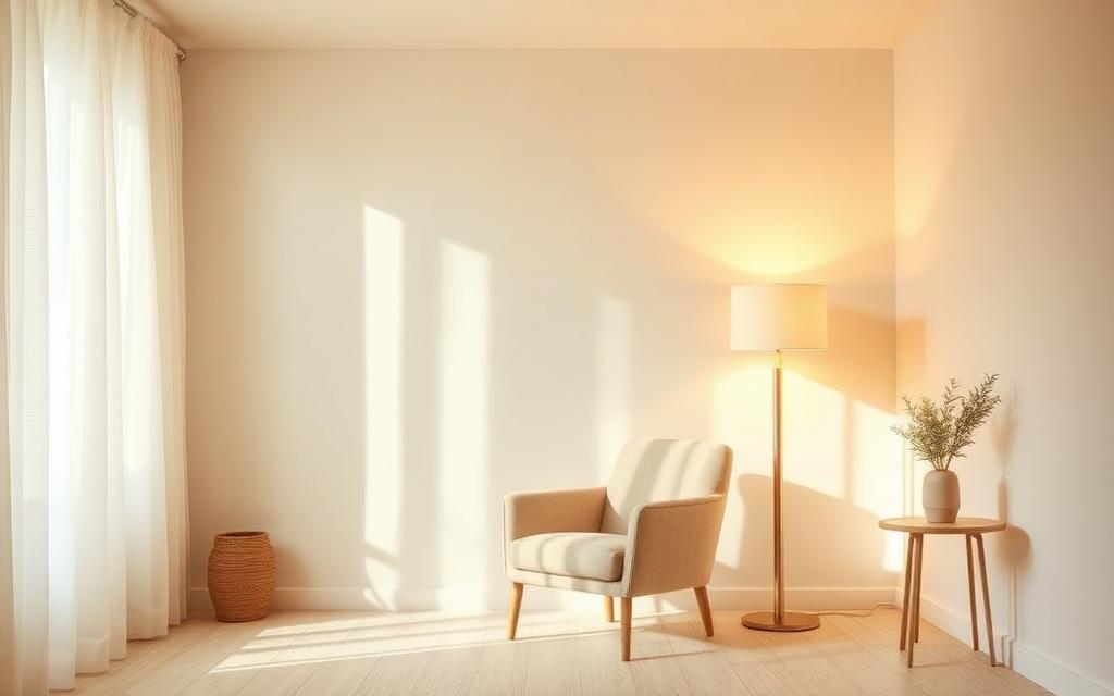 A light-filled therapy room with a single linen armchair